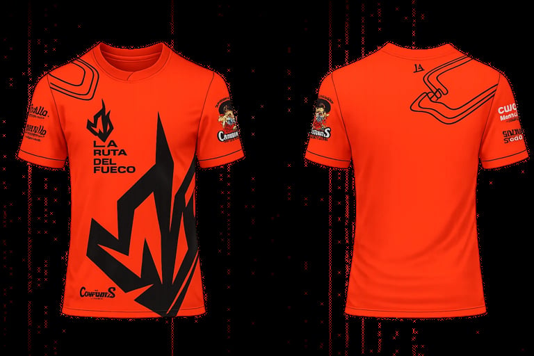 Front and back view of a bright orange athletic t-shirt with black geometric designs and sponsor logos