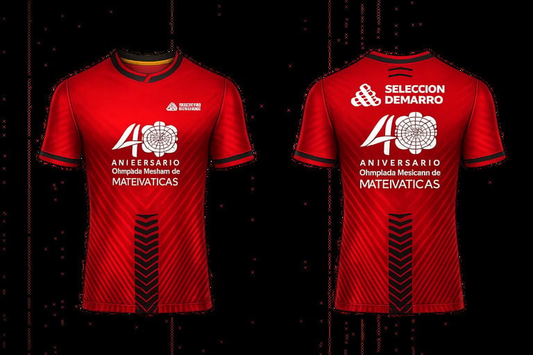 Front and back view of red commemorative t-shirt featuring 40 anniversary math olympics logo and selection de demarrow branding