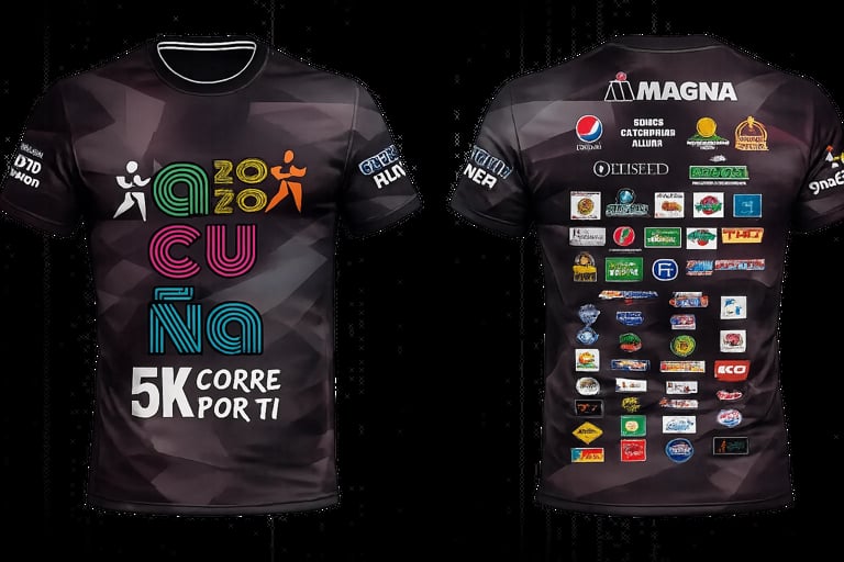 Front and back views of a dark gray 5K race t-shirt with colorful neon text and sponsor logos