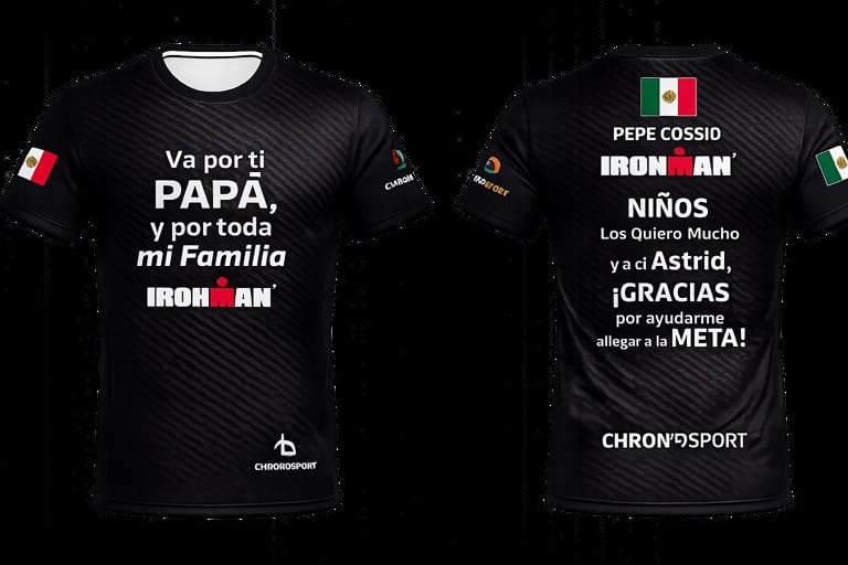 Front and back view of black Ironman t-shirt with Spanish text honoring family and children, featuring Mexican flag design