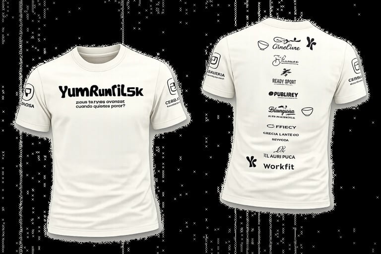 White t-shirt with YumRunfilSk text on front and sponsor logos on back, displayed front and back views