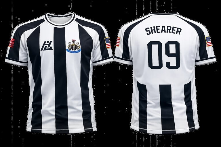 Front and back view of a striped black and white soccer jersey with Shearer number 09 and team crest