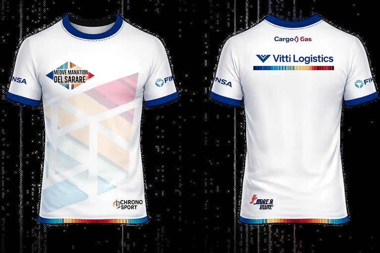 Front and back views of a white sports jersey with blue trim, sponsor logos including Cargo2 Gas, Vitti Logistics, and geometric pastel triangle design elements