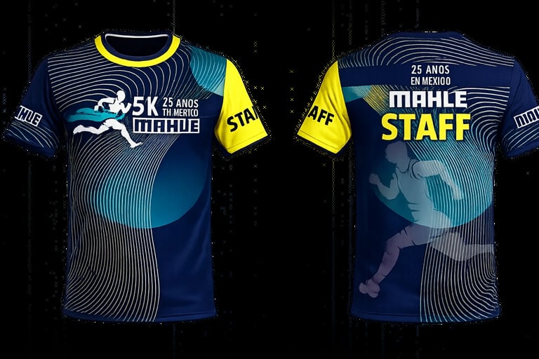 Front and back view of a navy blue and yellow athletic t-shirt with 5K Mogule and Mahle Staff graphics and geometric wave patterns