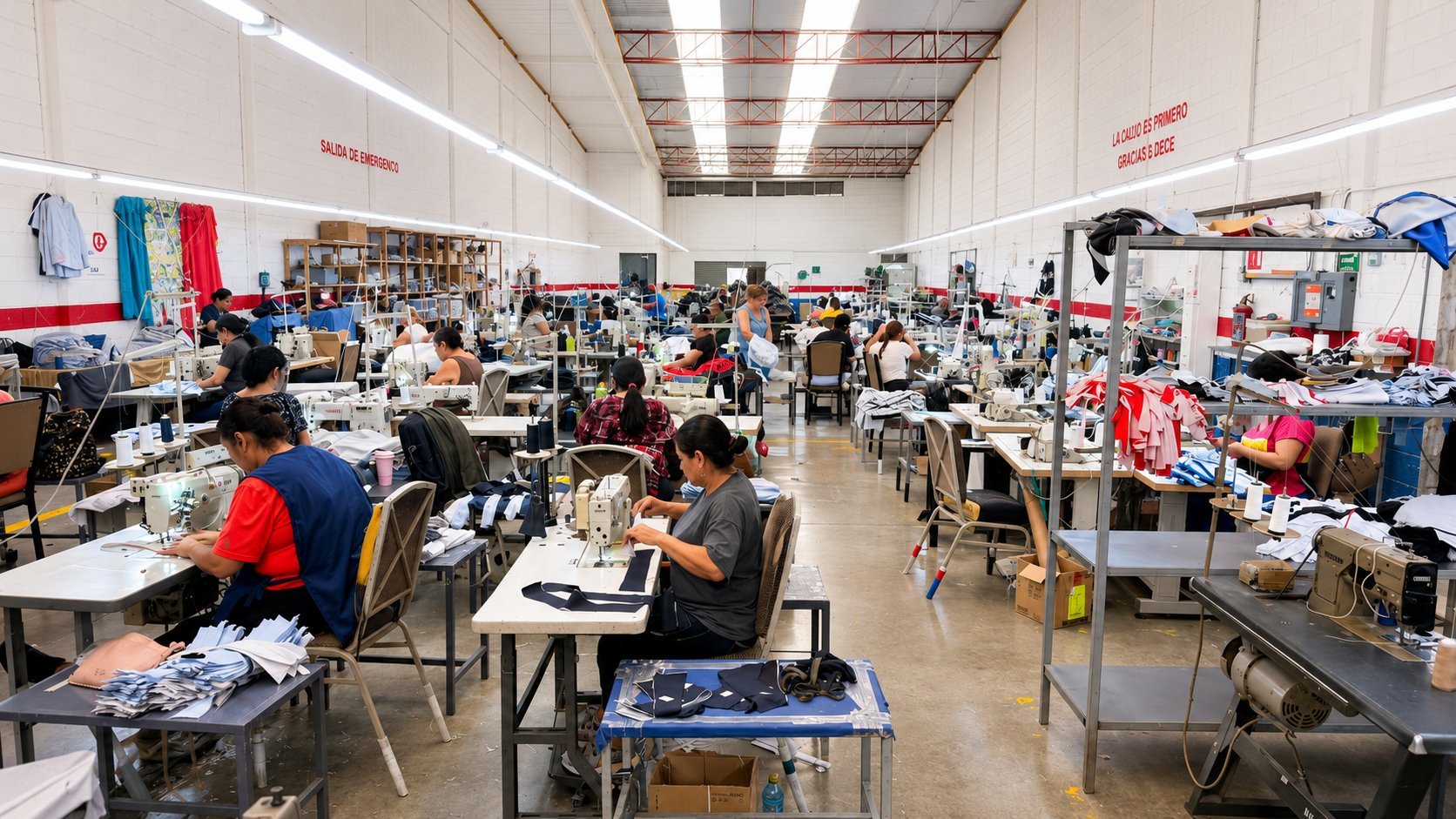 Busy garment factory floor with workers at sewing stations surrounded by fabrics and textiles.