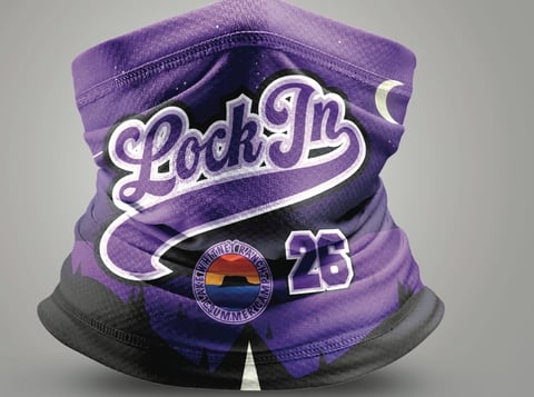 Purple and black Lock In neck gaiter with number 23 and circular logo emblem