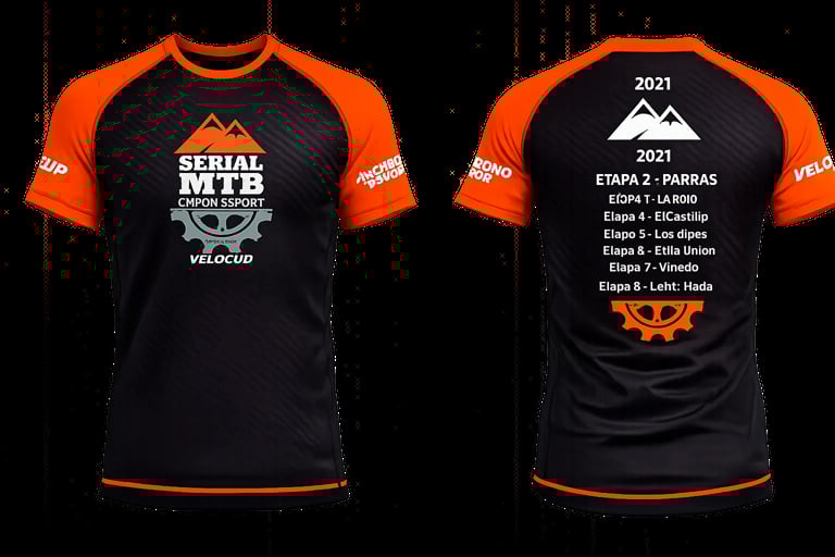 Front and back view of black cycling jersey with orange sleeves featuring Serial VTT Chrom Esport 2021 race branding