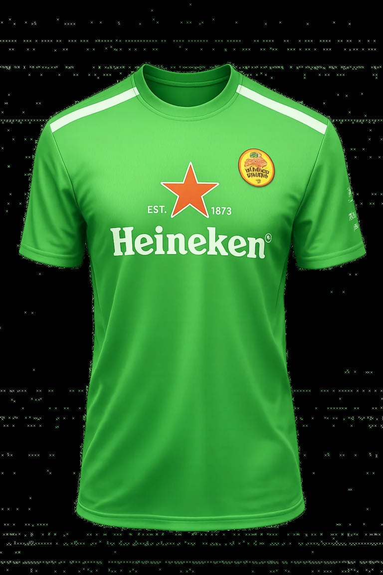 Bright green Heineken branded t-shirt with white stripe trim, red star logo, and EST. 1873 text on black textured background