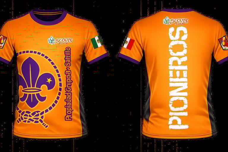 Front and back view of orange athletic sports jersey with purple fleur-de-lis design and Pipers text on black background