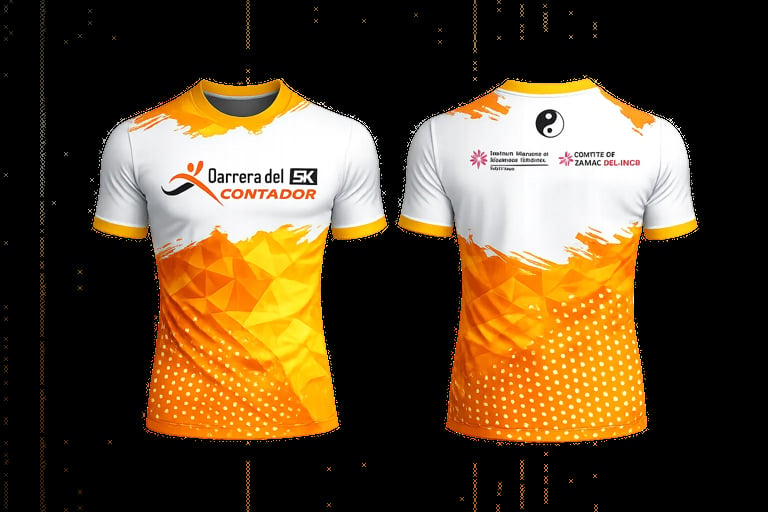 Front and back view of orange and white athletic t-shirt with geometric design and sponsor logos