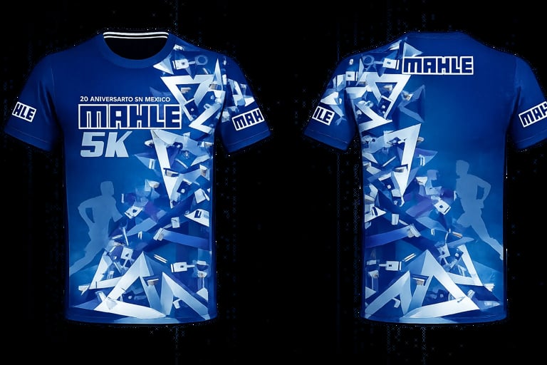 Blue athletic 5K race t-shirt with geometric abstract design shown front and back views