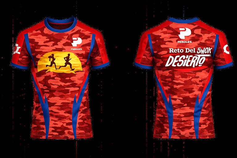 Front and back view of red running jersey with yellow graphic and blue trim featuring Reto Del Diario Desafio branding