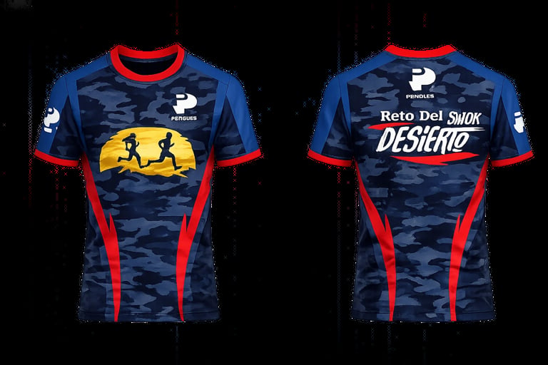 Front and back view of a blue camouflage athletic shirt with red trim and yellow running graphic